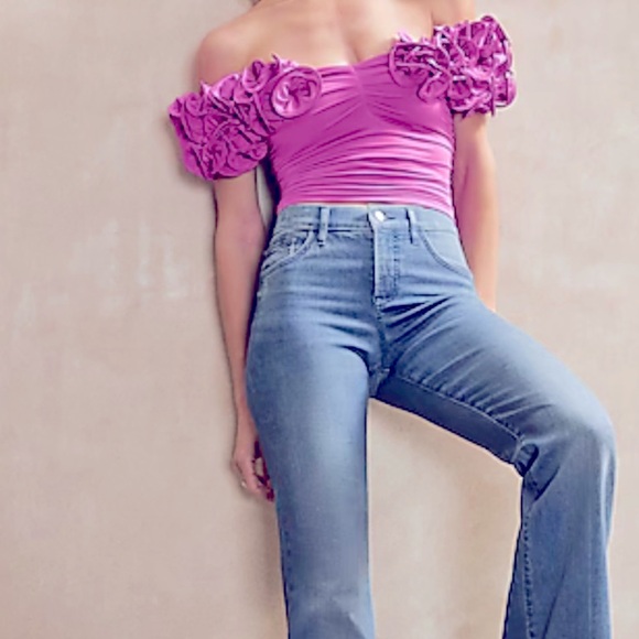 EXPRESS Body Contour Compression Off Shoulder Rosette Top - Picture 5 of 11